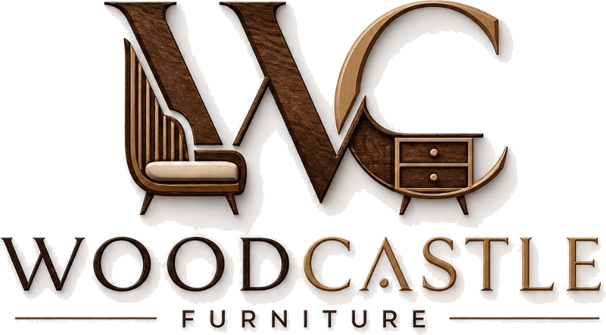 Woodcastle Furniture logo — WC monogram with chair and cabinet in wood and gold